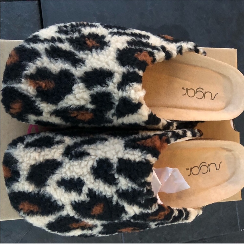 Sugar Fuzzy Animal Print Mules - Black, White, Brown